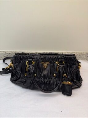 Prada Black Ruched Leather Satchel with Gold Hardware